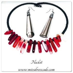 Red Glass & Metal Statement Necklace and Earrings